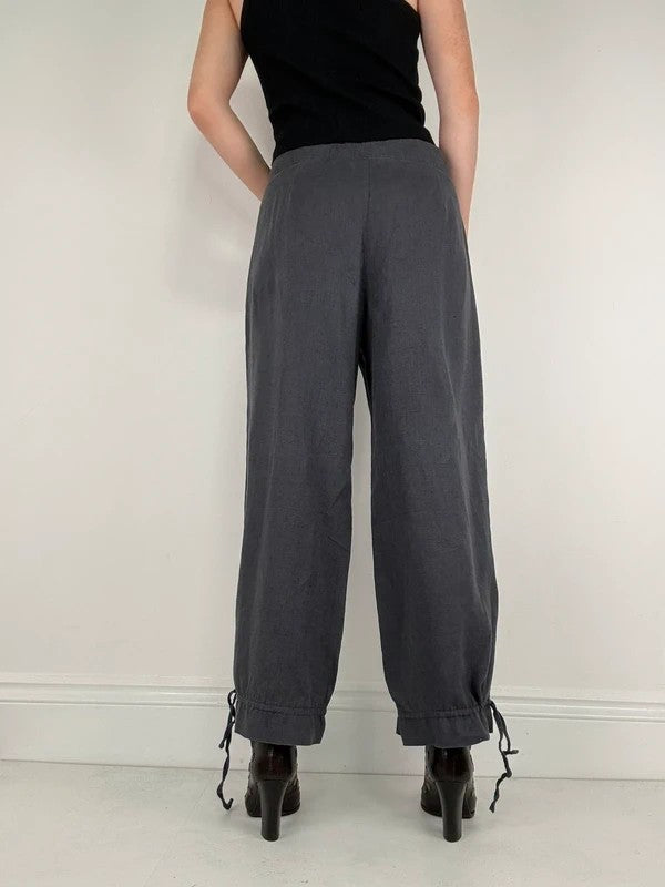 Navy linen puff leg drawstring bloomer trousers