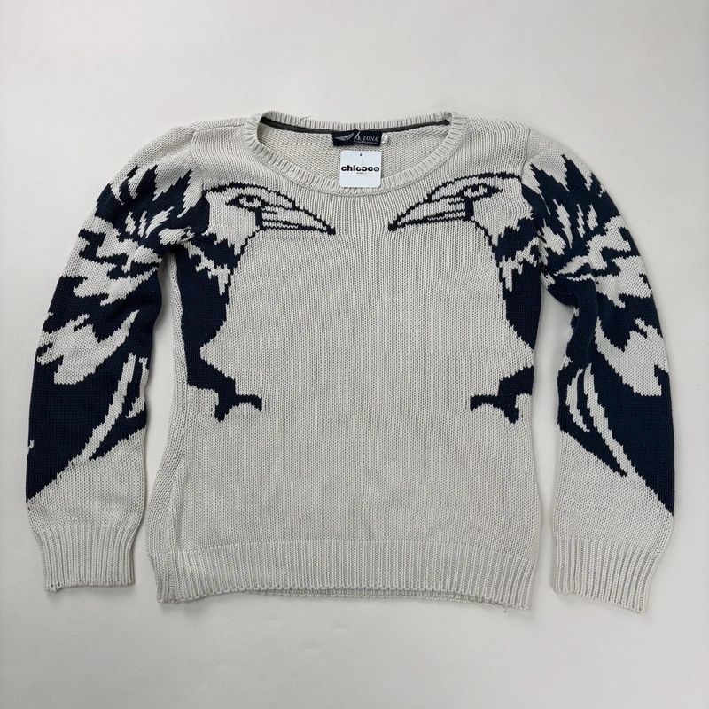chunky knitted slouchy neck graphic jumper