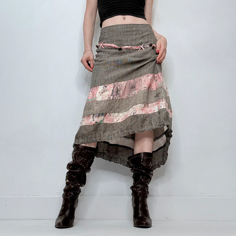 grey linen asymmetric tiered midi skirt