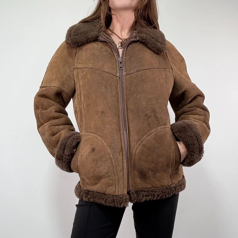 brown shearling aviator vintage jacket with zipper