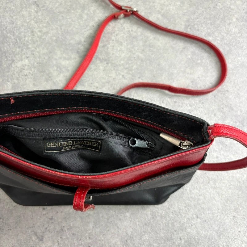 Black and red leather patient mini messenger bag