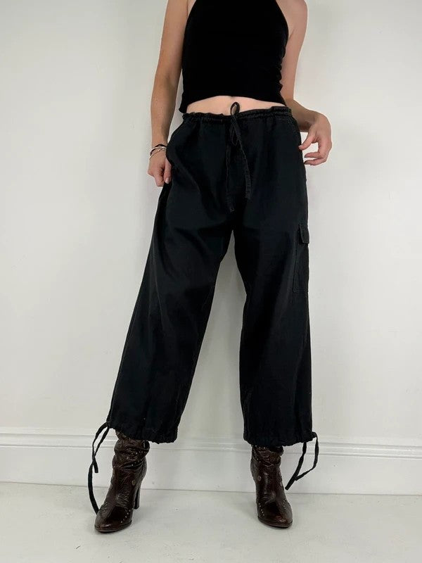 navy drawstring linen low rise trousers