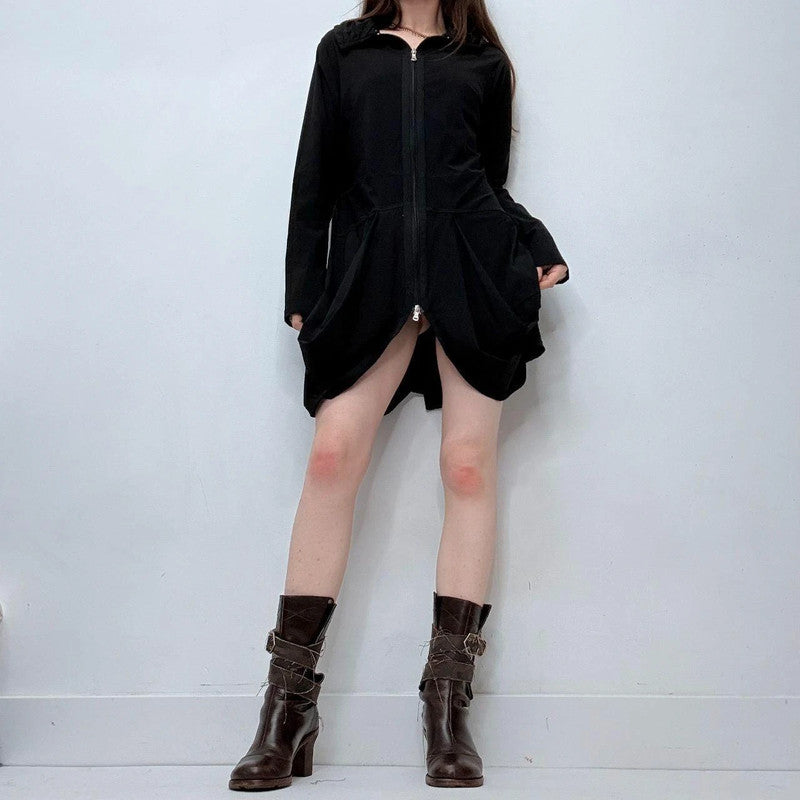 black gathered puff long sleeve dress