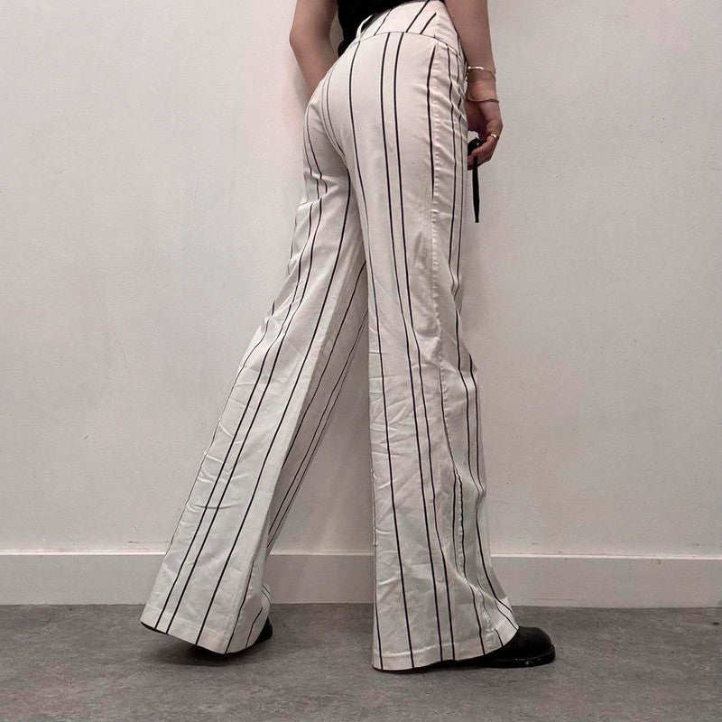 white pinstripe flared suit pants