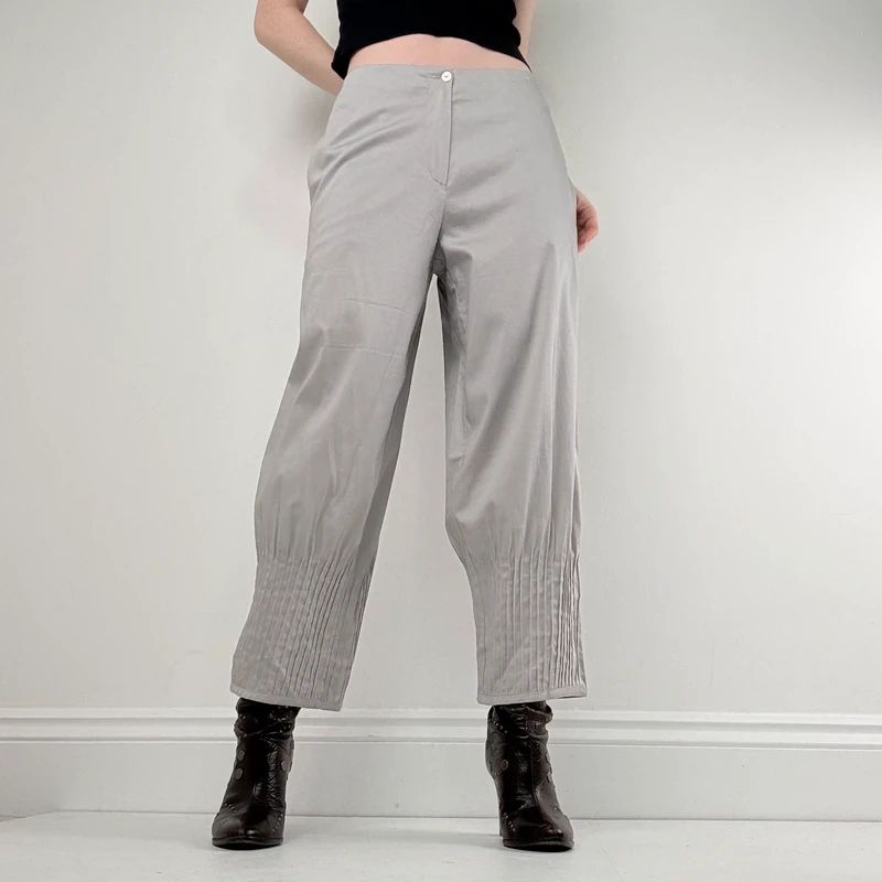 grey pleated puff barrel trousers