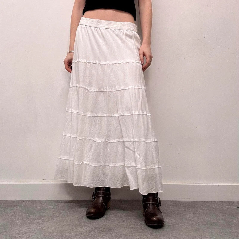 white cotton tiered maxi skirt