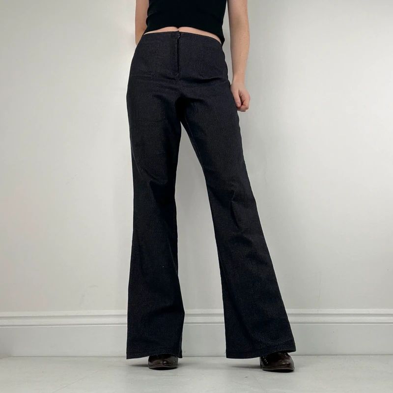 dark denim flared patch pocket trousers