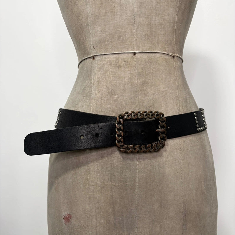 black leather studded spellout belt