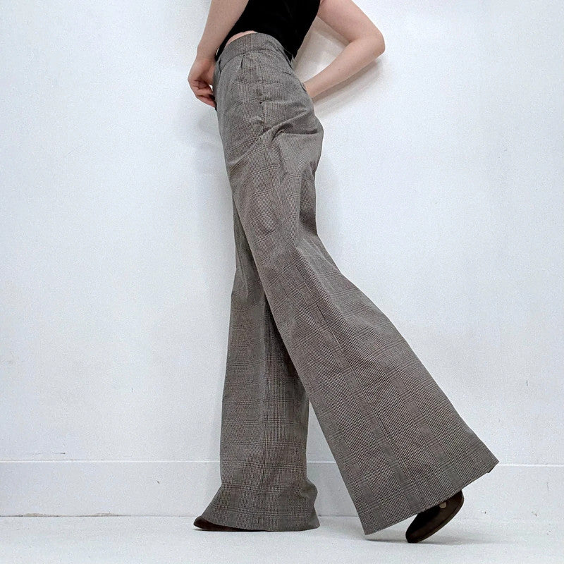 grey wide leg checked tartan trousers
