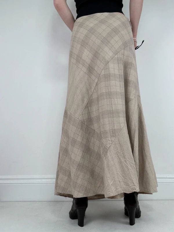 beige linen tartan flared checked maxi skirt