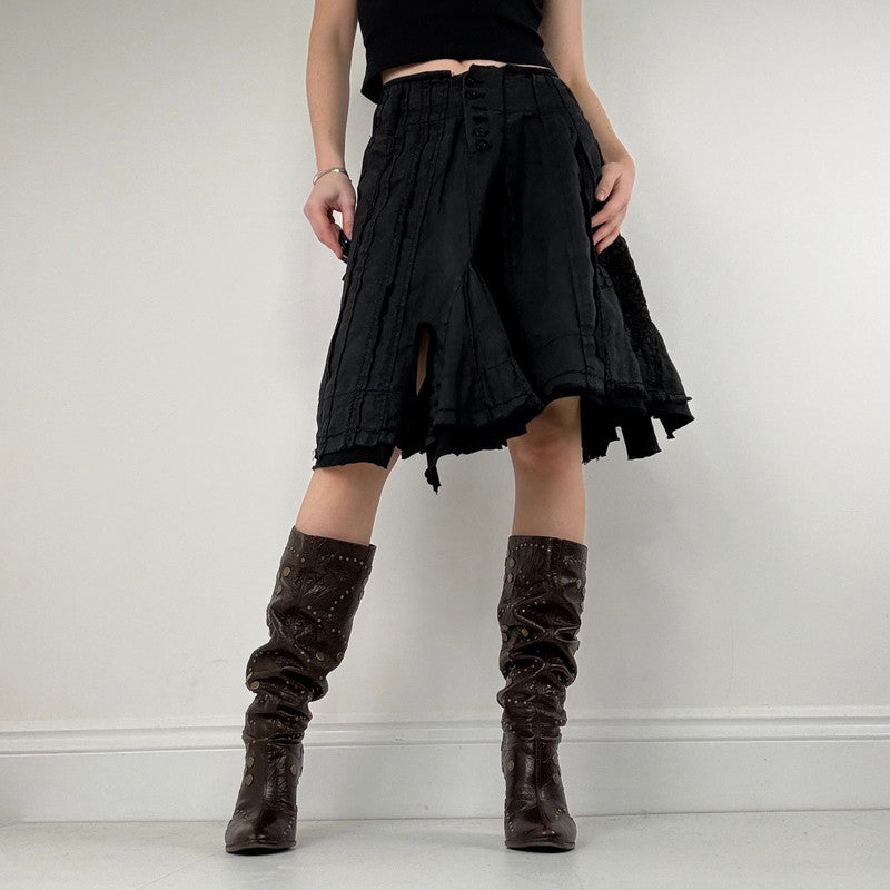 distressed black linen asymmetric flared midi skirt