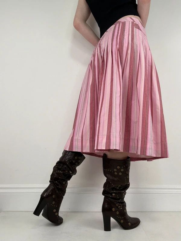 pink cotton pleated pinstripe flared midi skirt