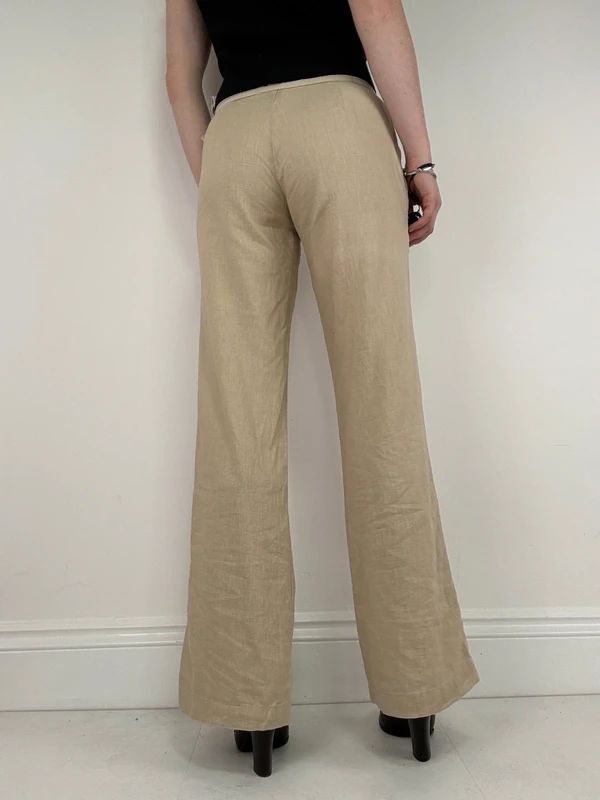 low rise tie waist linen flared trousers