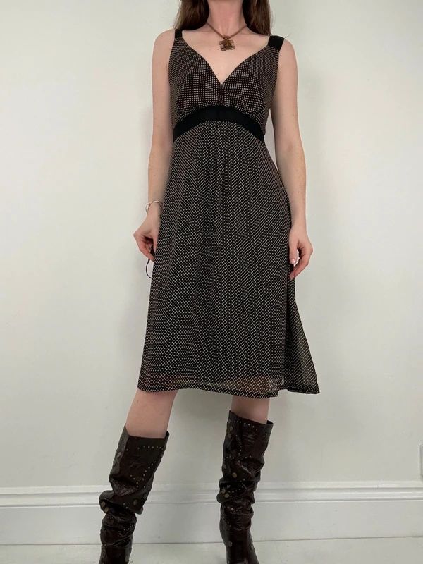 black polkadot flared midi dress