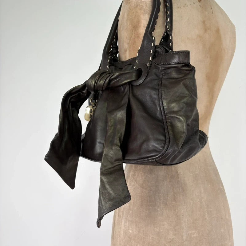 brown leather shimmer bow slouchy Y2K hobo handbag