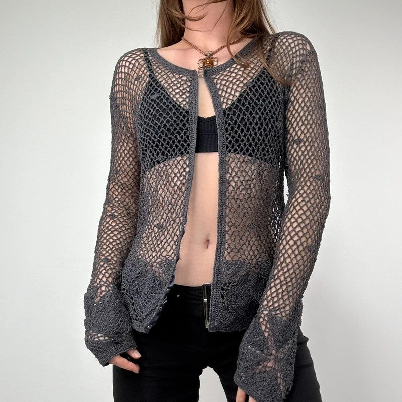 grey crochet sheer lace knit cardigan