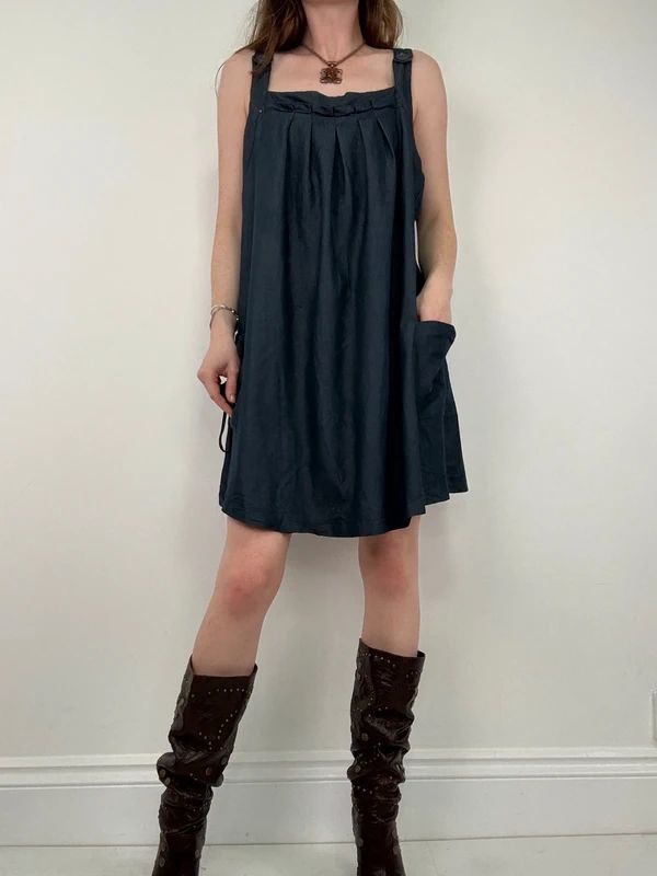 pleated denim mini pinafore dress