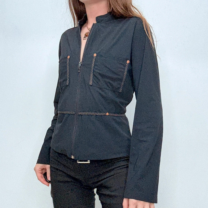 black fitted flared zip shirt