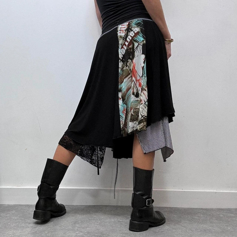 black pinstripe grunge asymmetric midi skirt