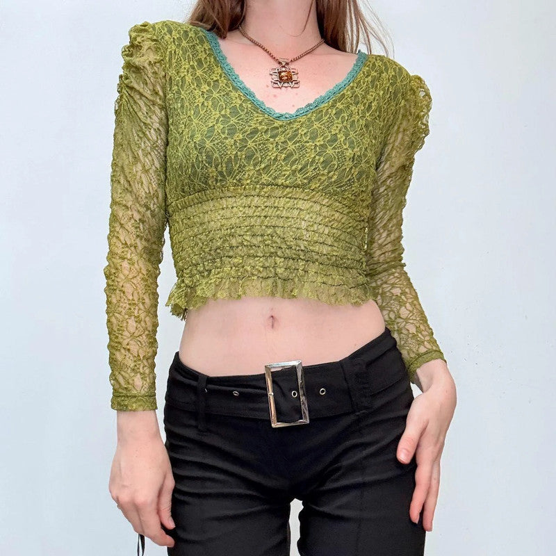 green lace cropped blouse top