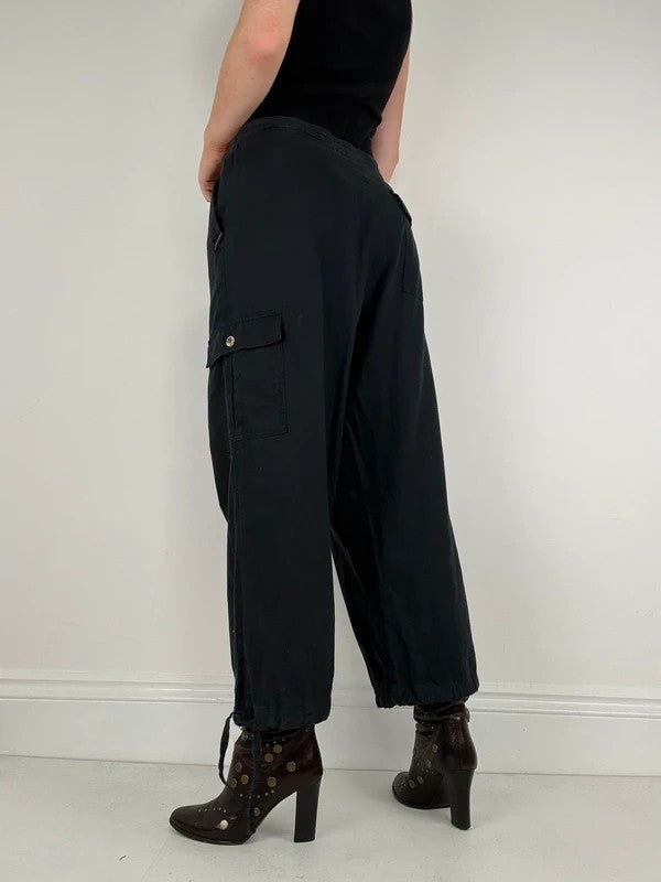 navy drawstring linen low rise trousers
