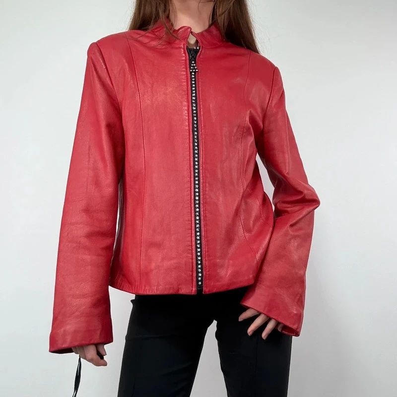 Red Studded Leather zip Jacket
