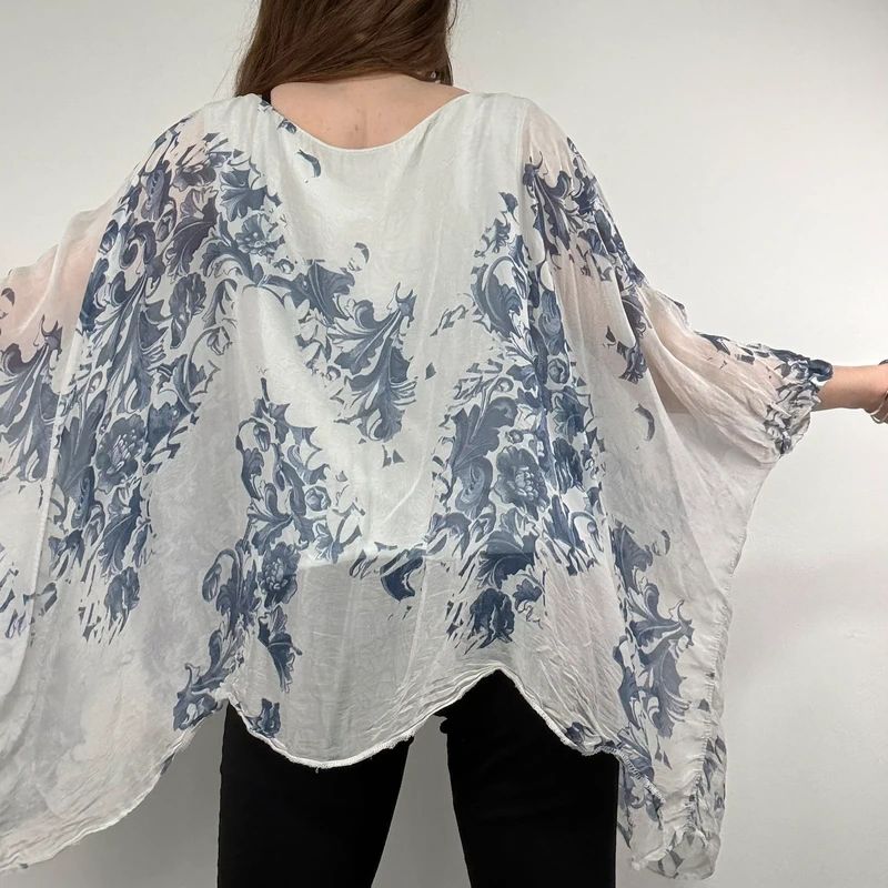 white and blue silk draped regency printed batwing blouse