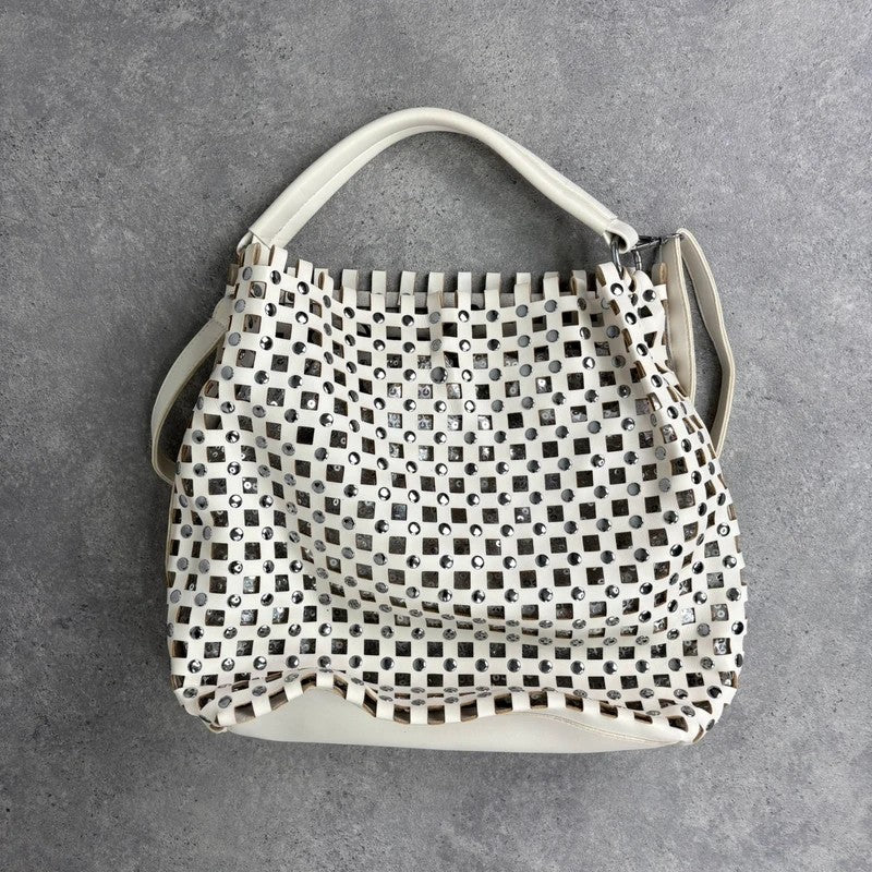 Studded faux-leather woven glitter hobo bag