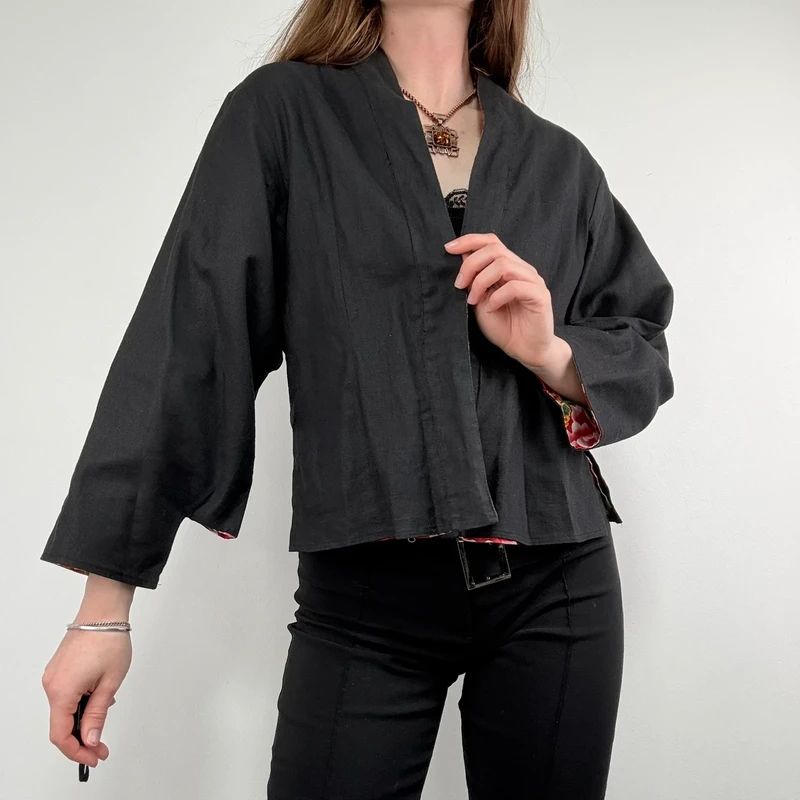black linen boxy cropped kimono jacket