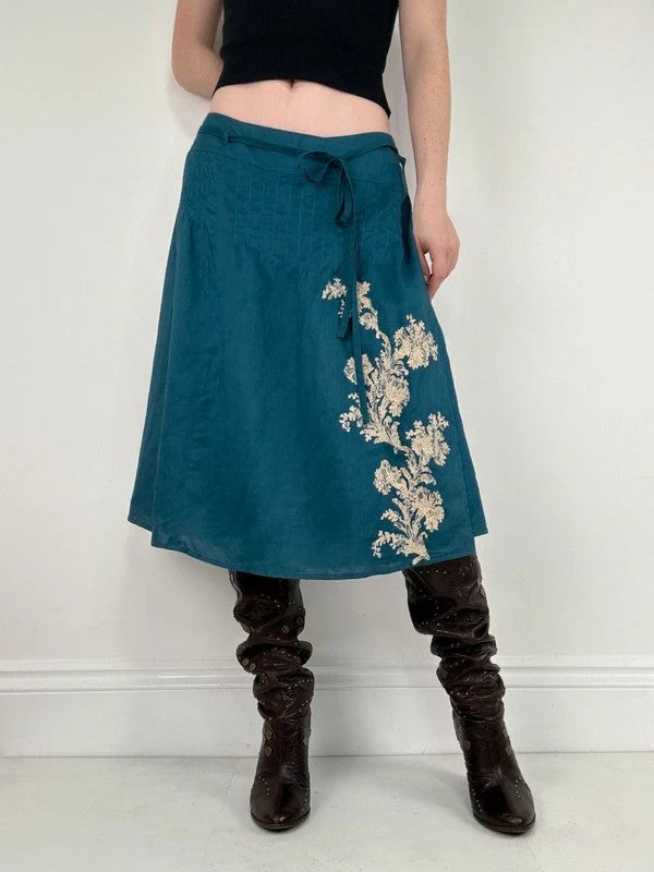 blue linen embroidered wrap lace midi skirt