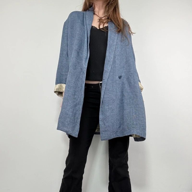 blue linen slouchy oversized long blazer