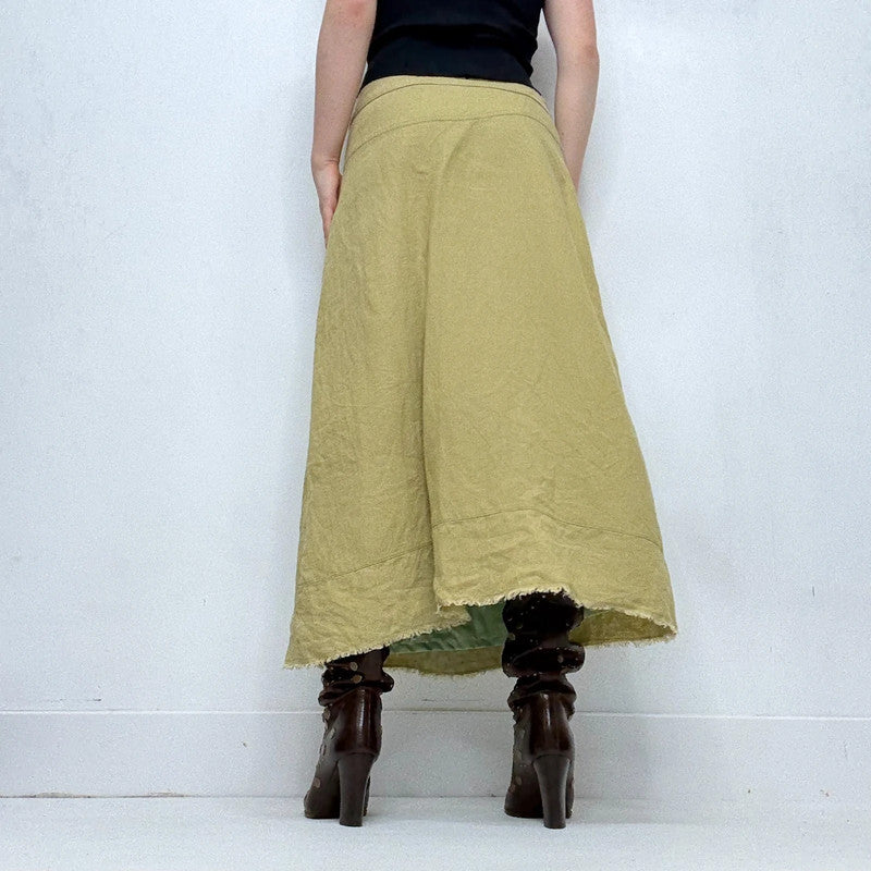 green linen flared maxi skirt