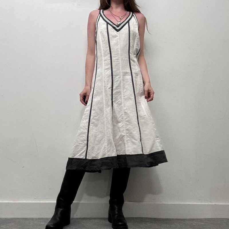 white linen flared ribbon dress