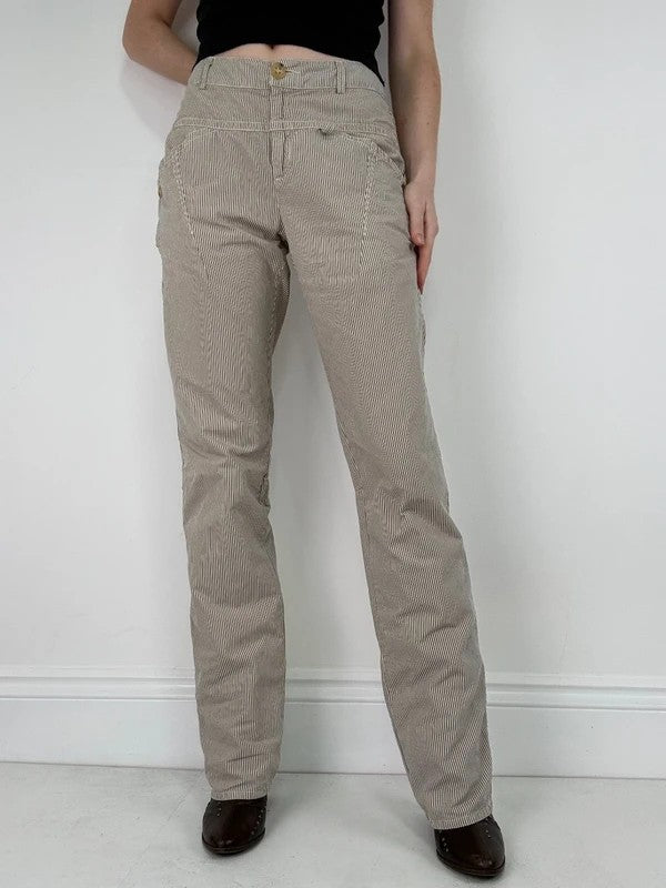 beige pinstripe cargo slim fit cotton trousers
