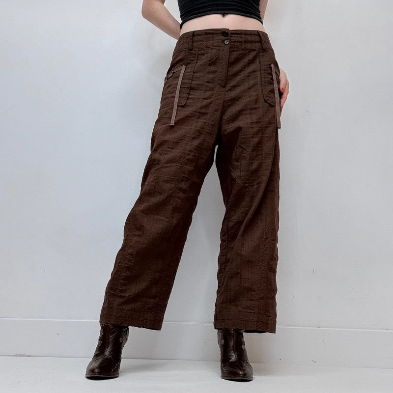 brown checked textured wide-leg utility pants