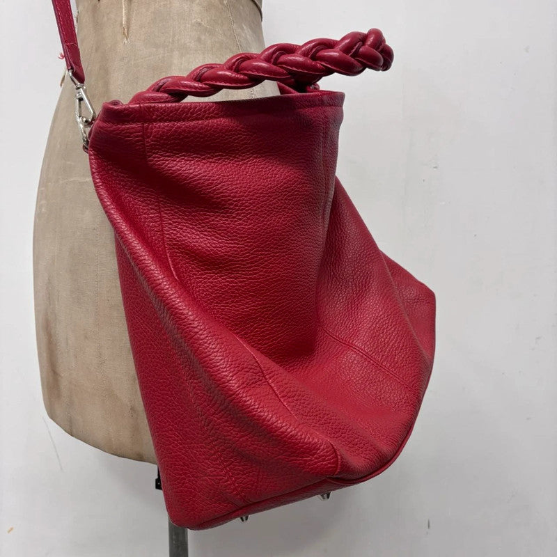 red leather slouchy woven bag