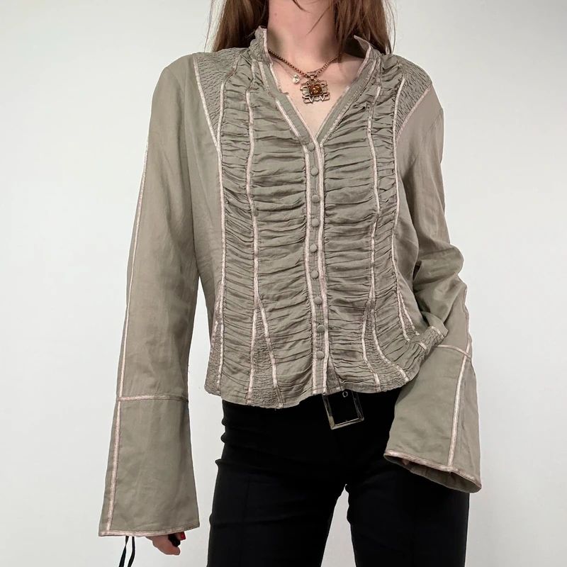 Khaki Gathered Lace Corset Shirt