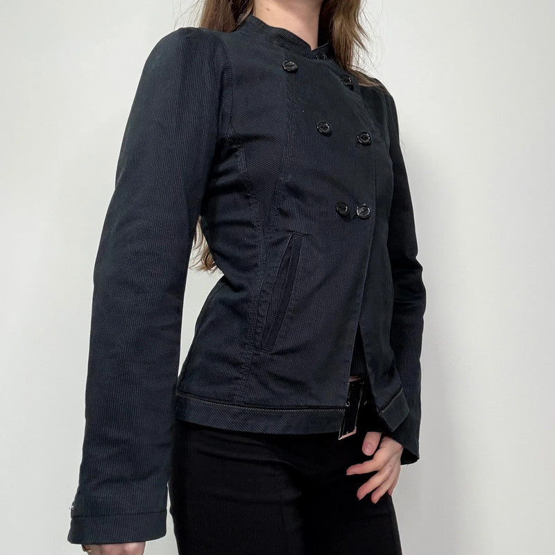 navy pinstripe fitted asymmetric jacket