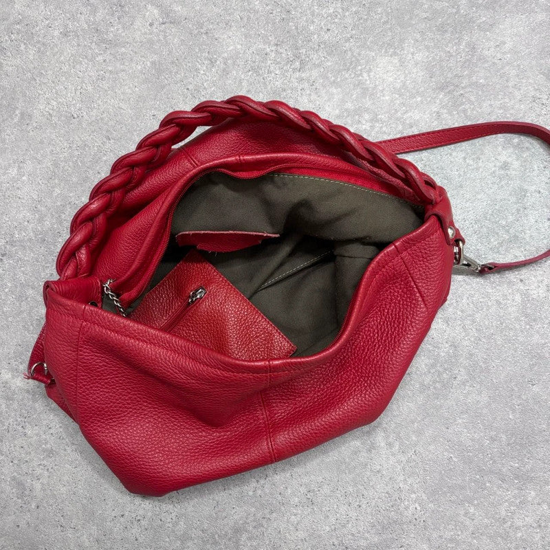 red leather slouchy woven bag