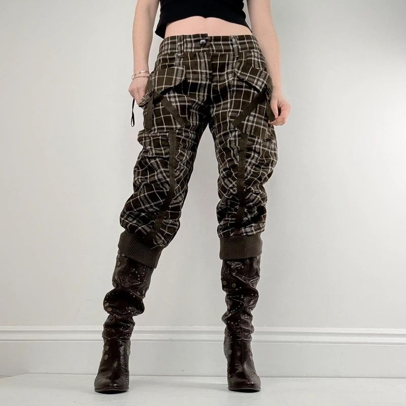 khaki tartan puff cinched capri trousers