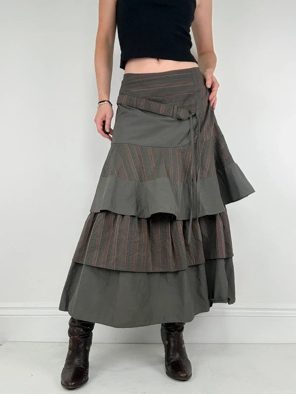 Khaki layered pinstripe maxi skirt