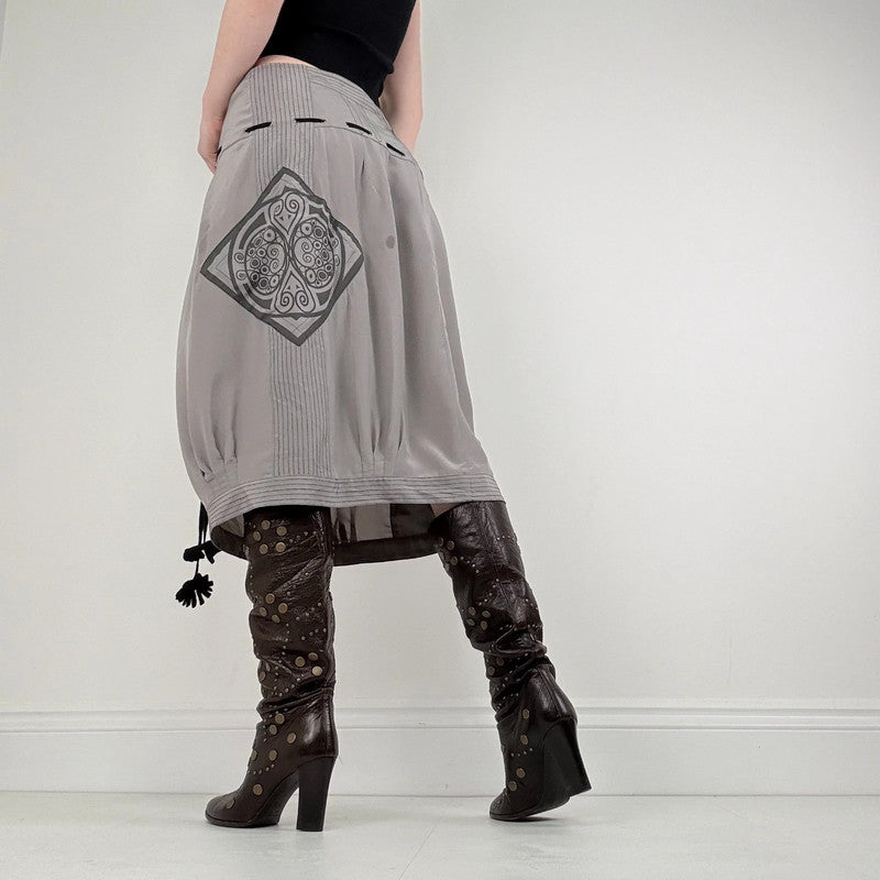 grey pleated puff graphic midi skirt