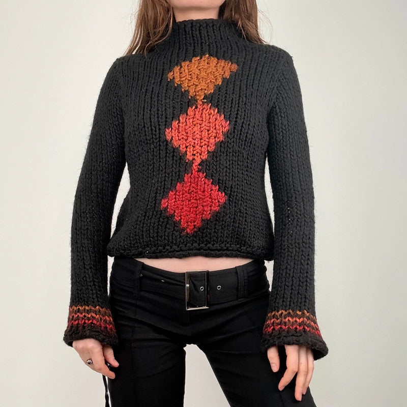 black cropped chunky knit argyle jumper