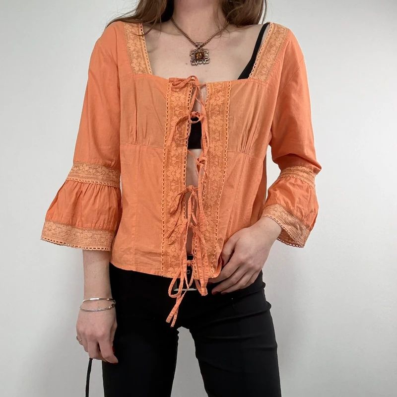 flared orange lace cotton blouse