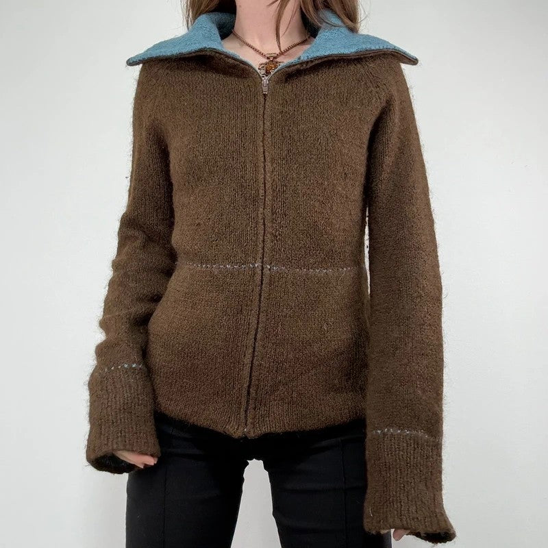 brown knit flared zip through cardigan