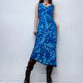blue floral embossed silk bias cut dress