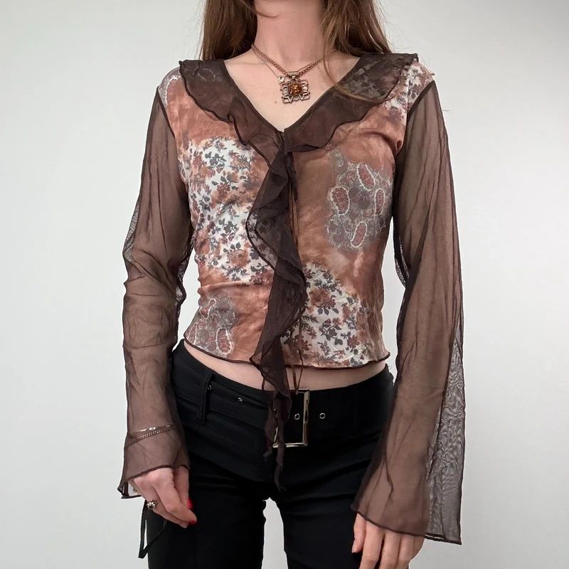 Brown floaty sheer Flared Boho Shirt