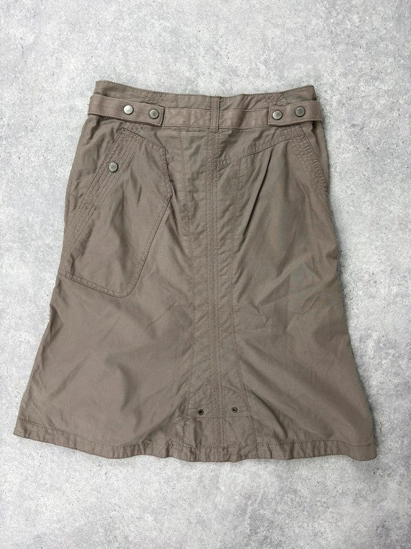 Khaki cotton cargo canvas a-line midi skirt