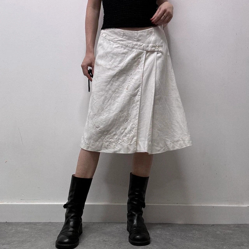 white linen pleated midi skirt