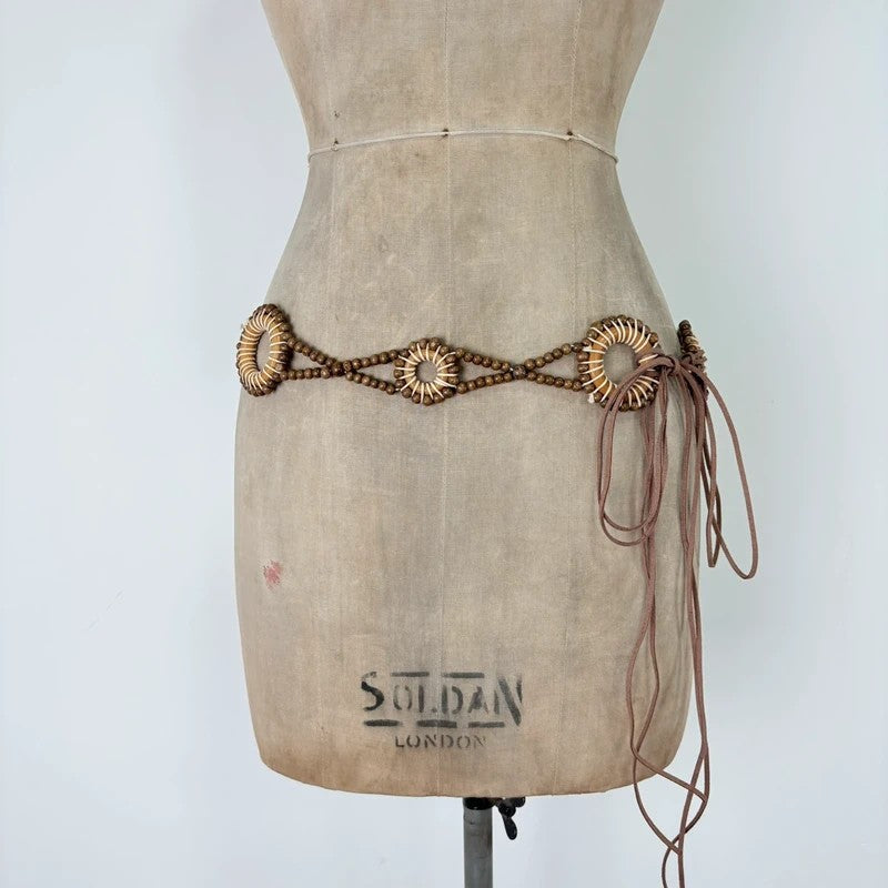 Woven beaded tie up waist belt